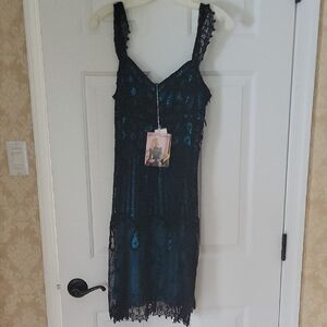 Betsey Johnson Turquoise Black Lace Goth Sleeveless Mini Dress